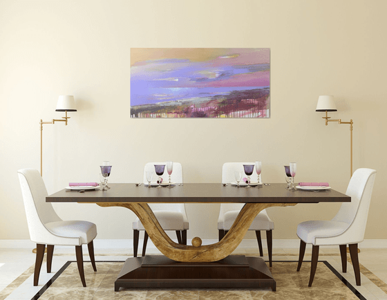 Bright horizontal painting - "Violet sunset" - Landscape - Expressionism - Seascape - Sunset