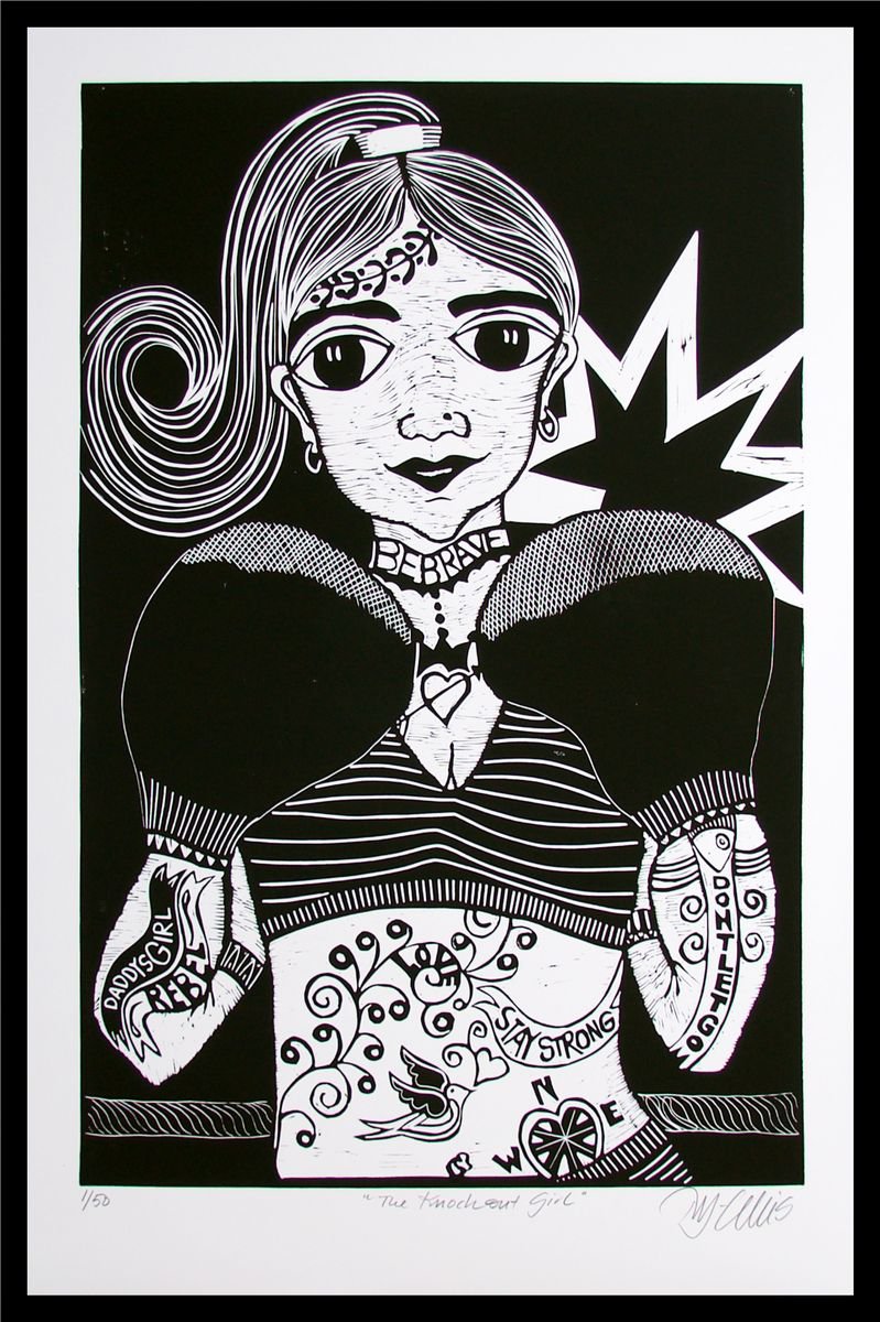 Knockout Girl, black and white linocut by Mariann Johansen-Ellis