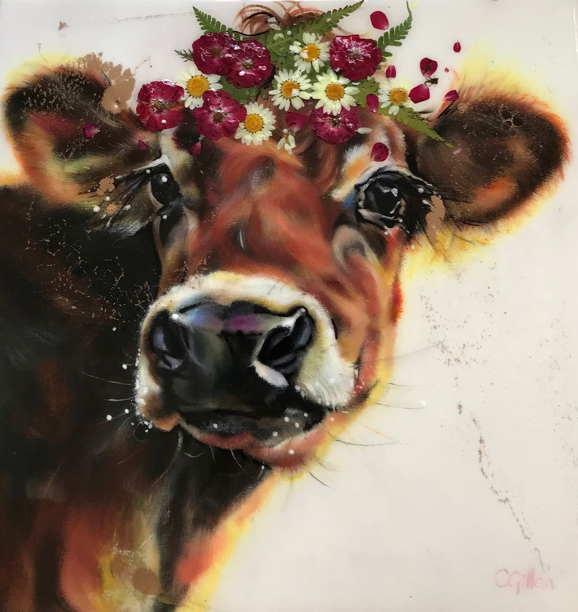 Winterberry, Cow, original oil painting, flowers, resin, 3D 14x14 by Carol Gillan