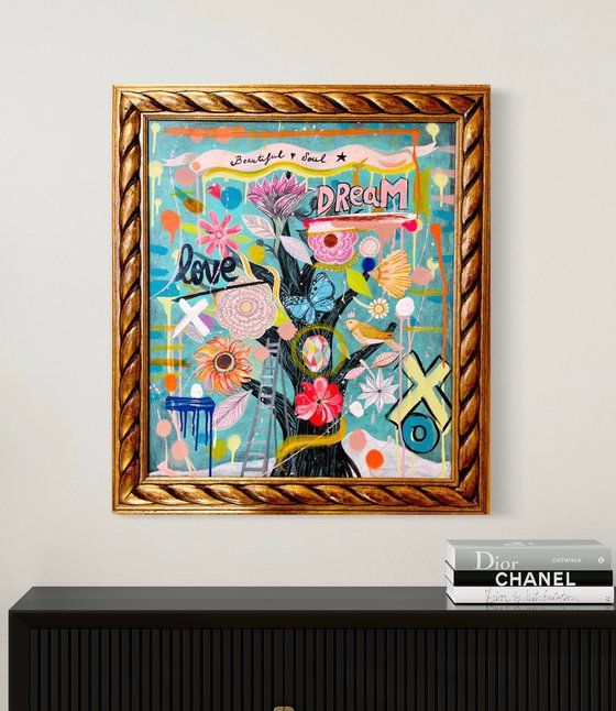 Love your Dreams, with vintage frame (84x74 cm) ready to hang