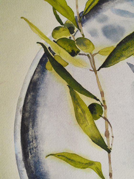 The olives branch - original watercolor gray and green - light and sunny