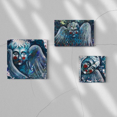 «Cherubs» blue modern triptych with angels by Yuliia Chaika