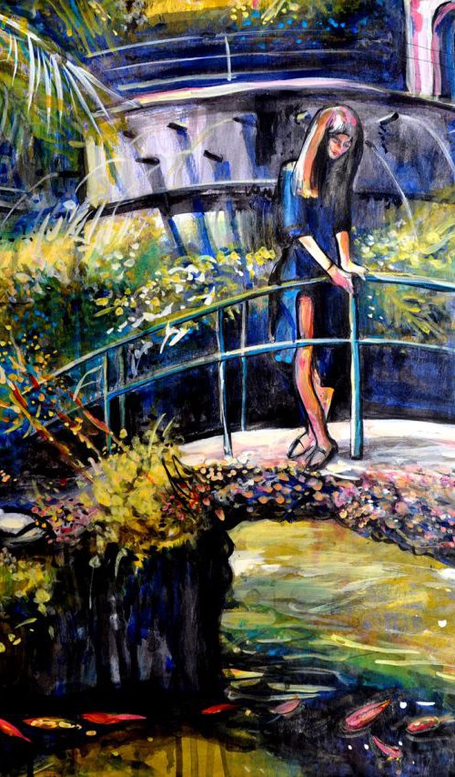 Girl Looking at Goldfishes in Tropical Garden by Alex Solodov