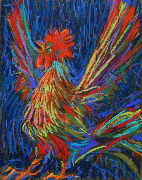 Rooster On Blue Background by Evgen Semenyuk
