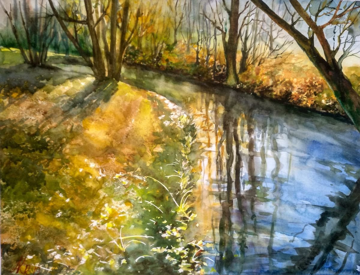 Autumn river landscape - Watercolor by Ann Krasikova