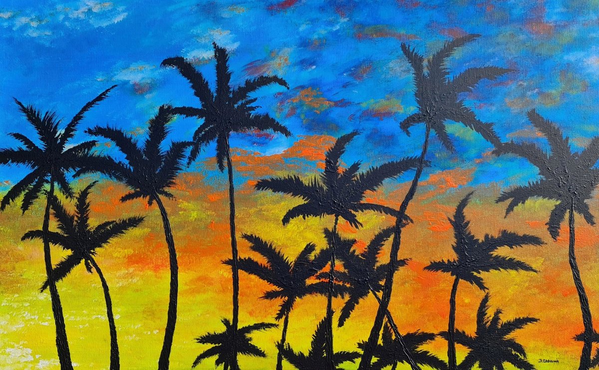 Impressionistic Landscape Acrylic Painting By Daniel Urbani?k, 31 X 20, Palm Trees 1, Original Artwork
