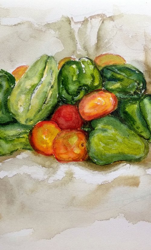 Still life painting of a basket of vegetables 28 by Asha Shenoy