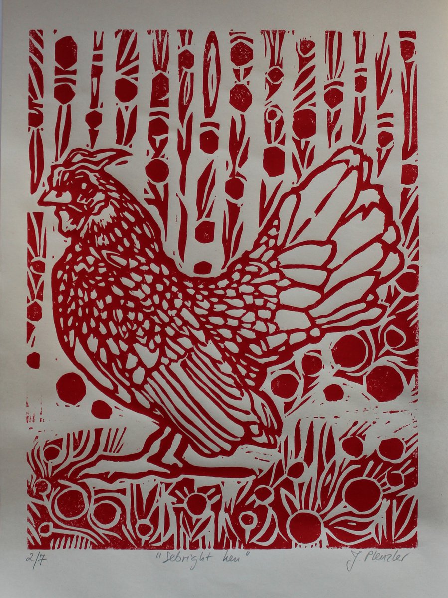 Sebright hen (in red) by Joanna Plenzler