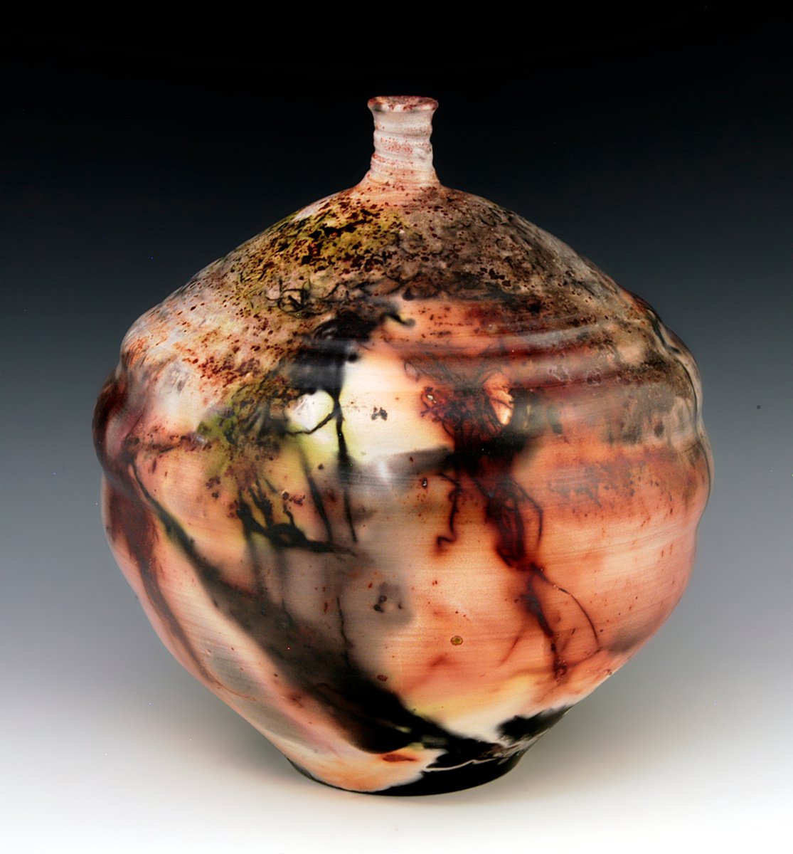 Sagger fired sculptural vessel B197 by Ron Mello