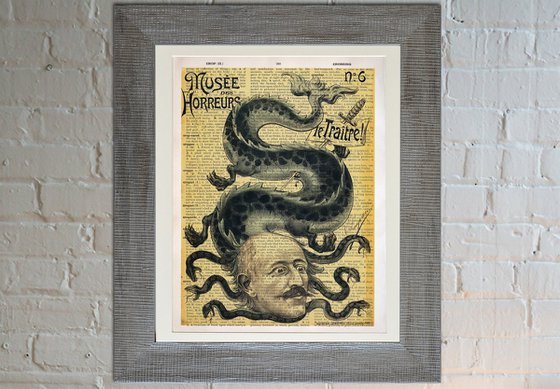 Musee des Horreurs: Le Traitre! - Collage Art Print on Large Real English Dictionary Vintage Book Page