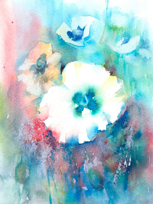 White Poppy, Poppy painting, Original watercolour, Floral Painting, Floral Art, Floral Landscape by Anjana Cawdell