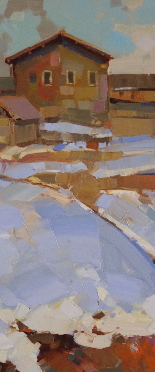 Village -Winter Time, Landscape oil painting, One of a kind, Signed, Hand Painted by Vahe Yeremyan