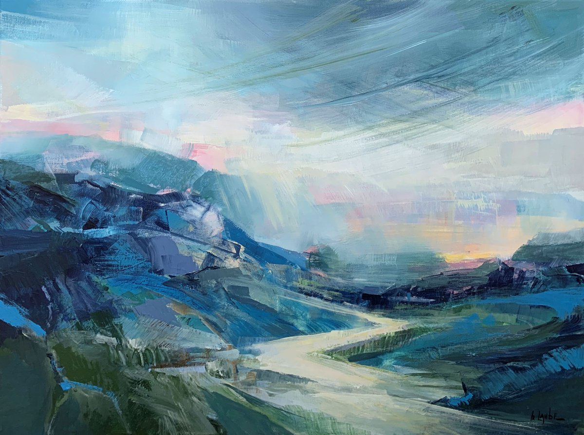 Abstract Landscape Acrylic Painting By Irina Laube, 31 X 24, Evening In The Mountains, Original Artwork