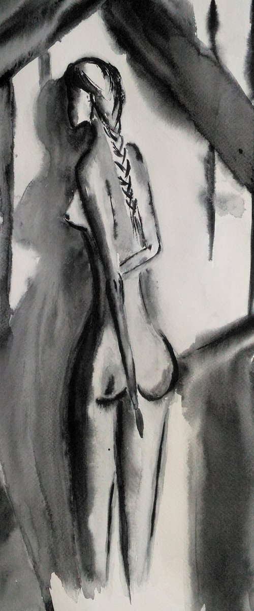 naked woman female nude original watercolor painting SHADOWS ON THE WALL by Halyna Kirichenko