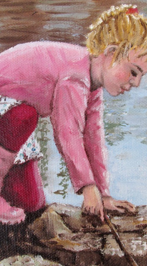 Girl in pink boots playing by a lake by MARJANSART