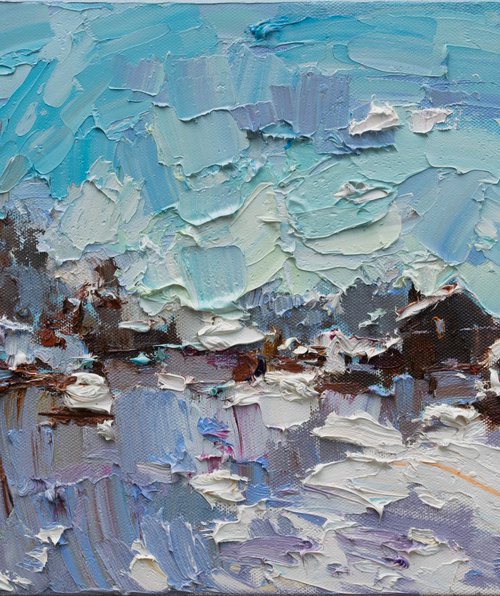 Winter village - Original oil Landscape painting by Anastasiia Valiulina
