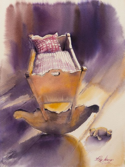 Baby old wooden empty cradle painted with watercolors. by Eve Mazur