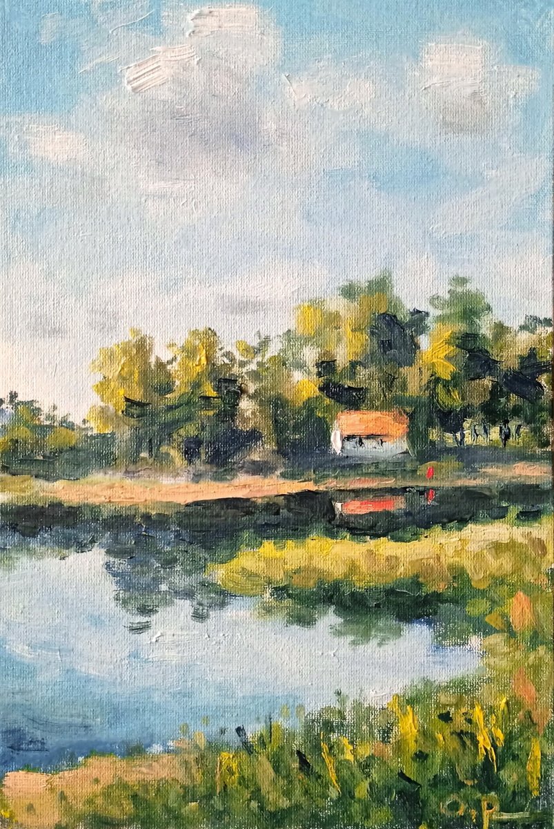 Impressionistic Landscape Oil Painting By Oleh Rak, 8 X 12", House On The River Bank, Original Artwork