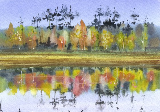 Original autumn landscape, watercolor painting with river and orange trees, reflections