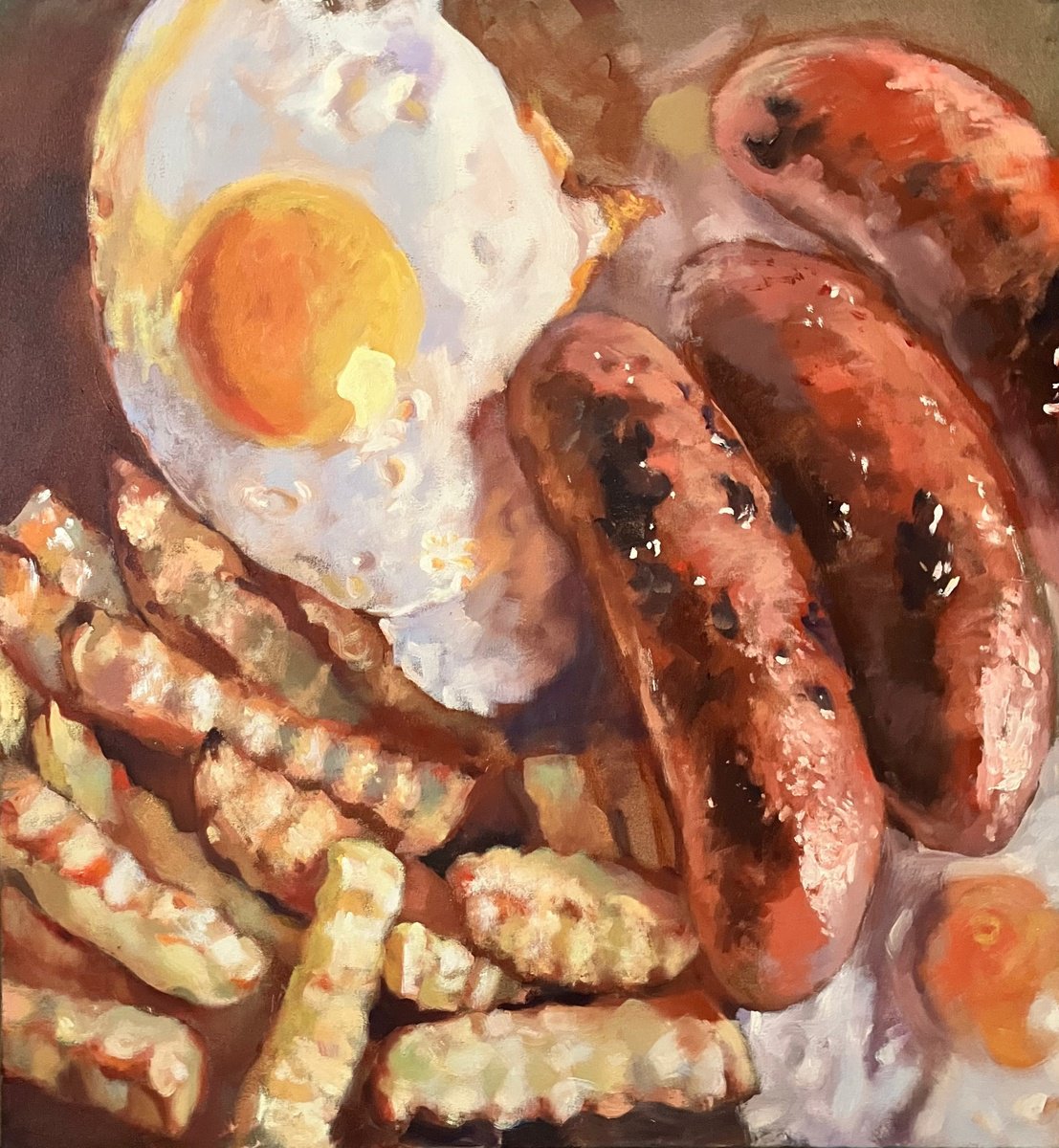 Photorealistic Still Life Oil Painting By John Welsh, 28 X 30, Sausage, Egg And Crinkle, Original Artwork