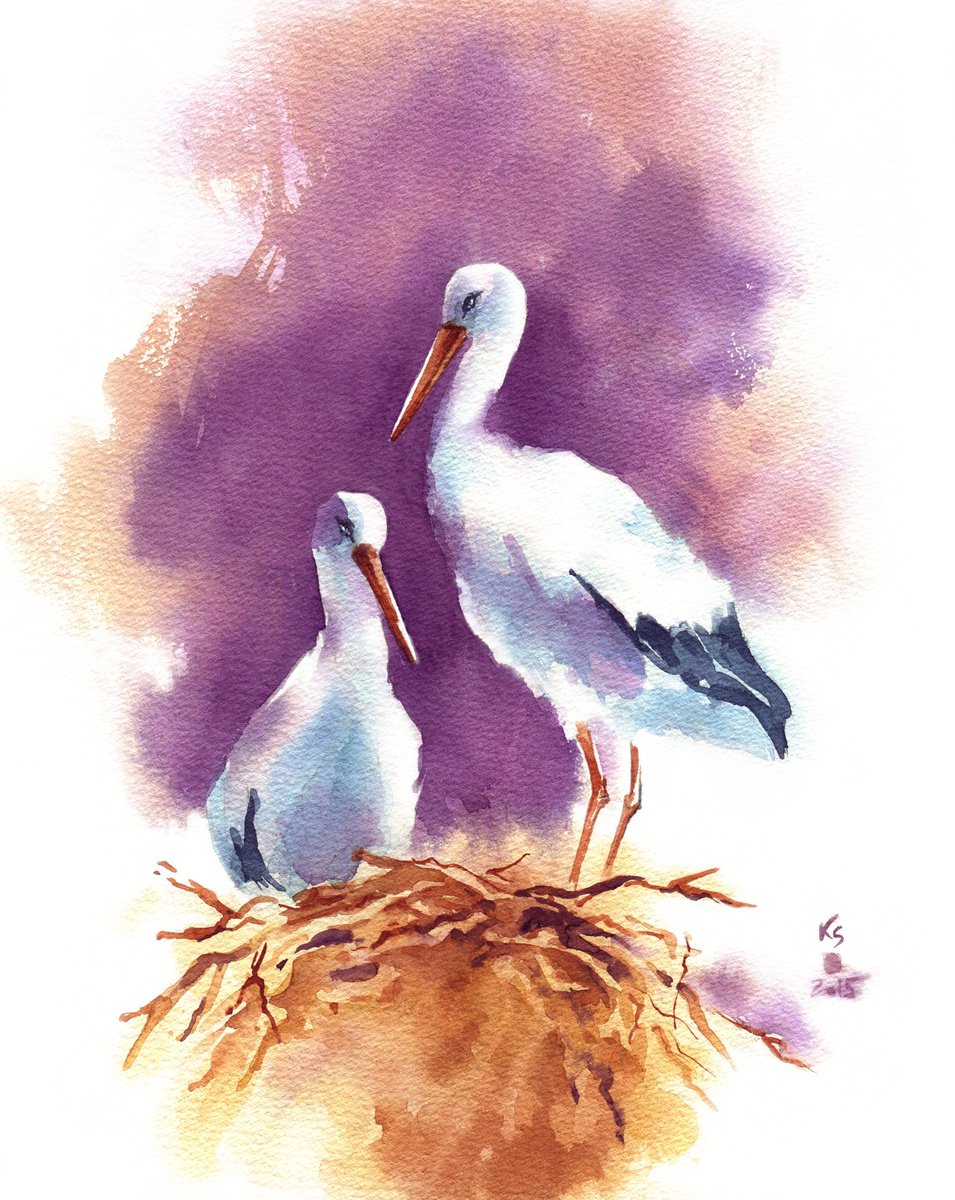 Impressionistic Animal Watercolour By Ksenia Selianko, 9 X 11", "Storks", Original Artwork