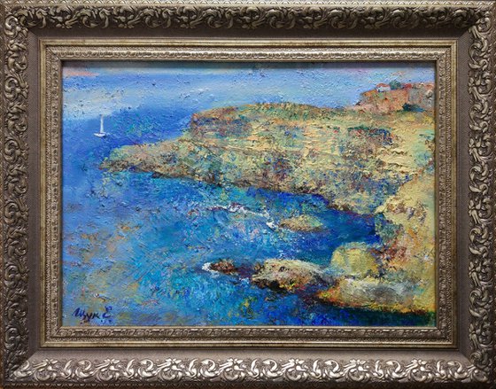 Sea blue and rocks. Picture framed. Original oil painting