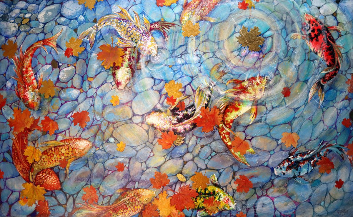Impressionistic Animal Acrylic Painting By Rakhmet Redzhepov, 59 X 35", Koi Fish 2, Original Artwork