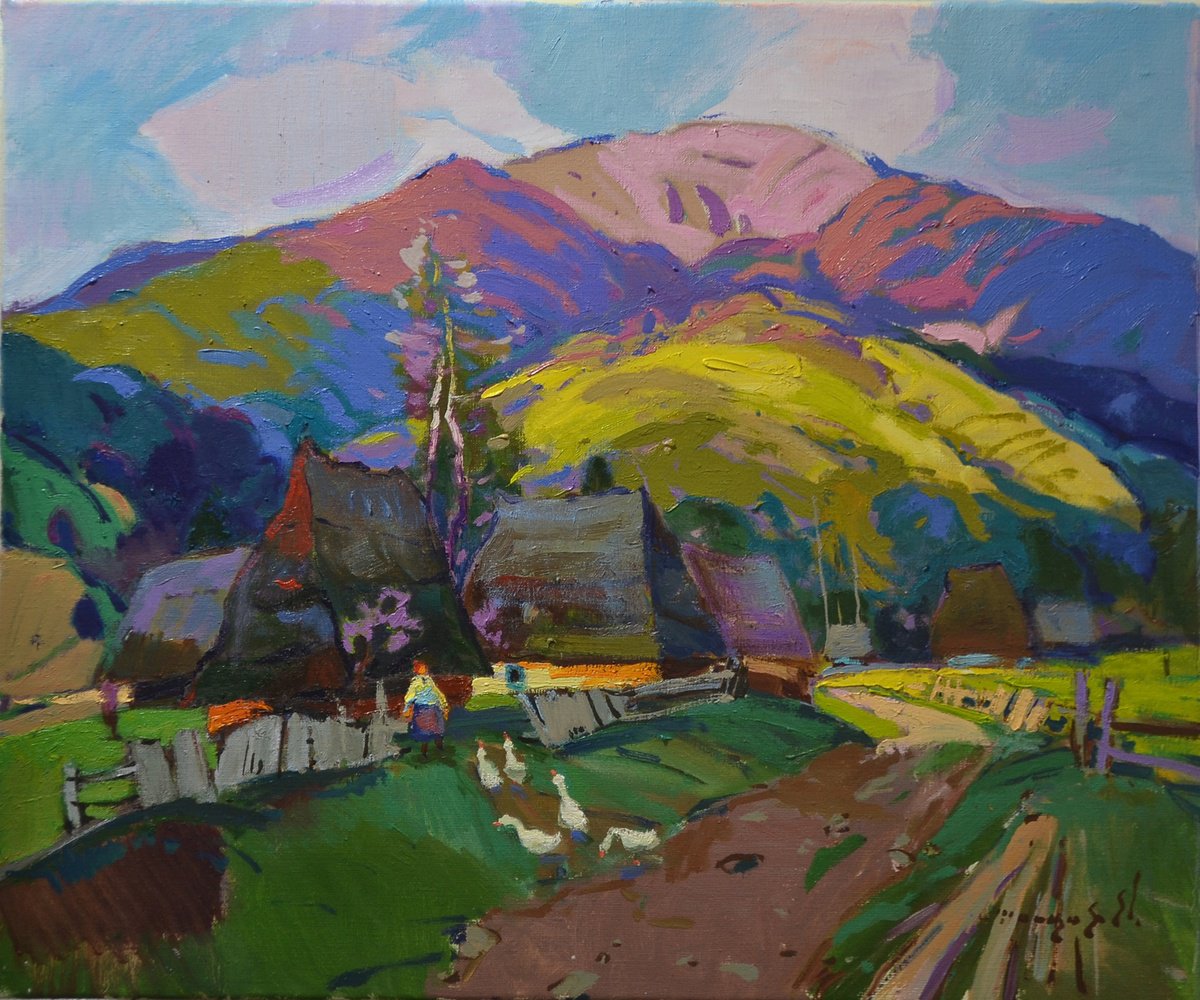 Impressionistic Landscape Oil Painting By Alexander Shandor, 28 X 24, On The Outskirts Of Kolochava, Original Artwork