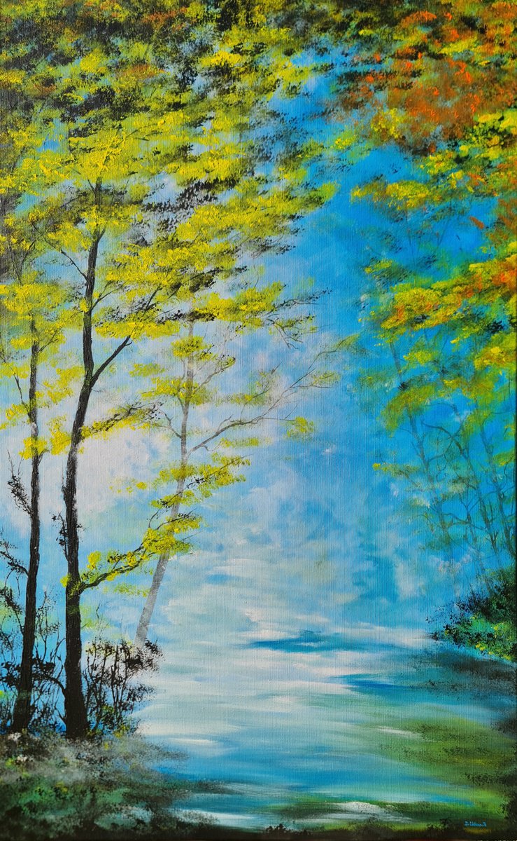 Photorealistic Landscape Acrylic Painting By Daniel Urbani?k, 20 X 31, Early Autumn, Original Artwork