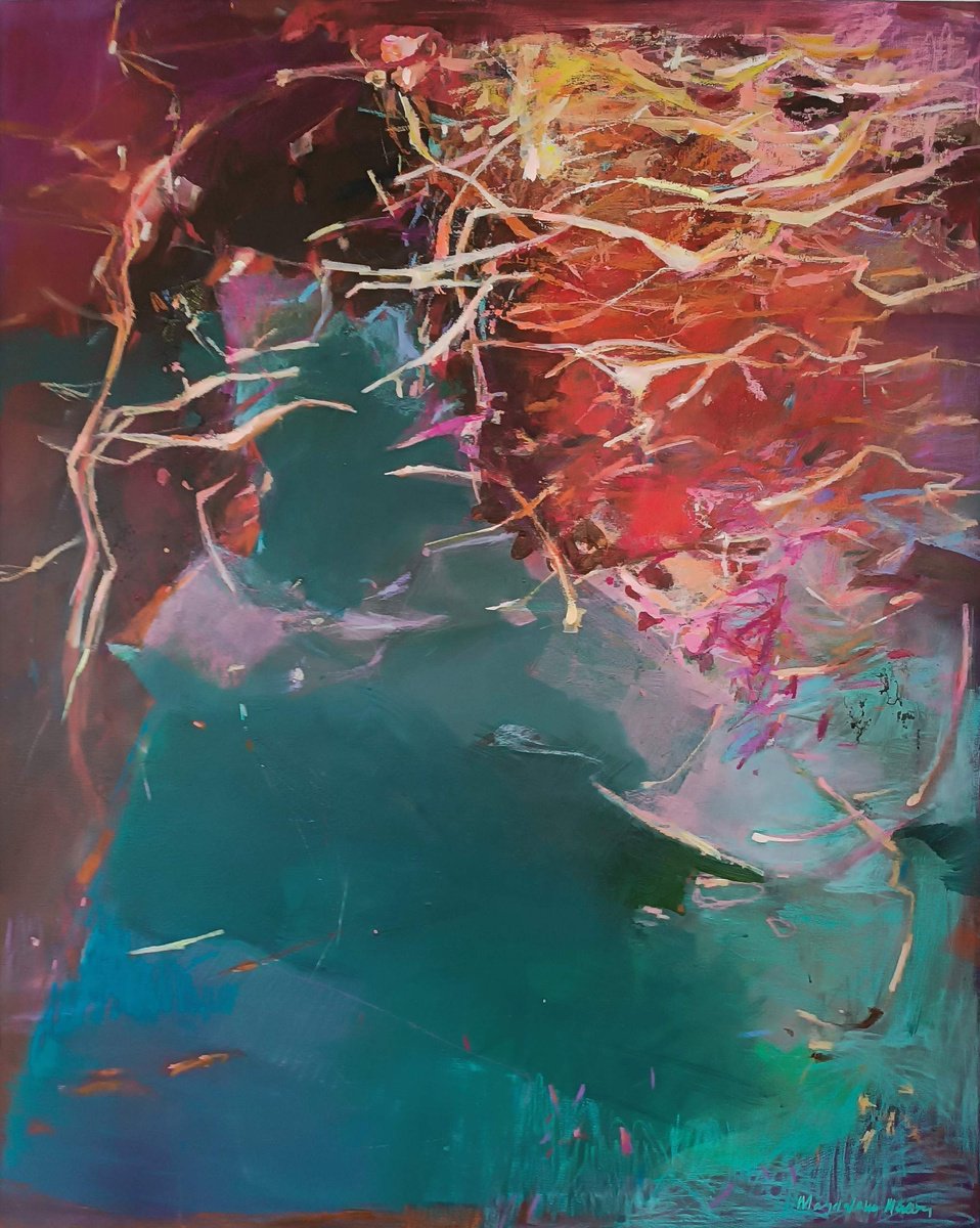 Organic Abstract Painting By Magdalena Morey, 31 X 39", Woven Reflections, Original Artwork