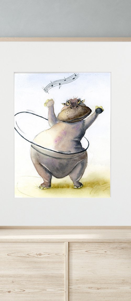 Dancing Hippo (Mounted original watercolor artwork) by Olga Tchefranov (Shefranov)