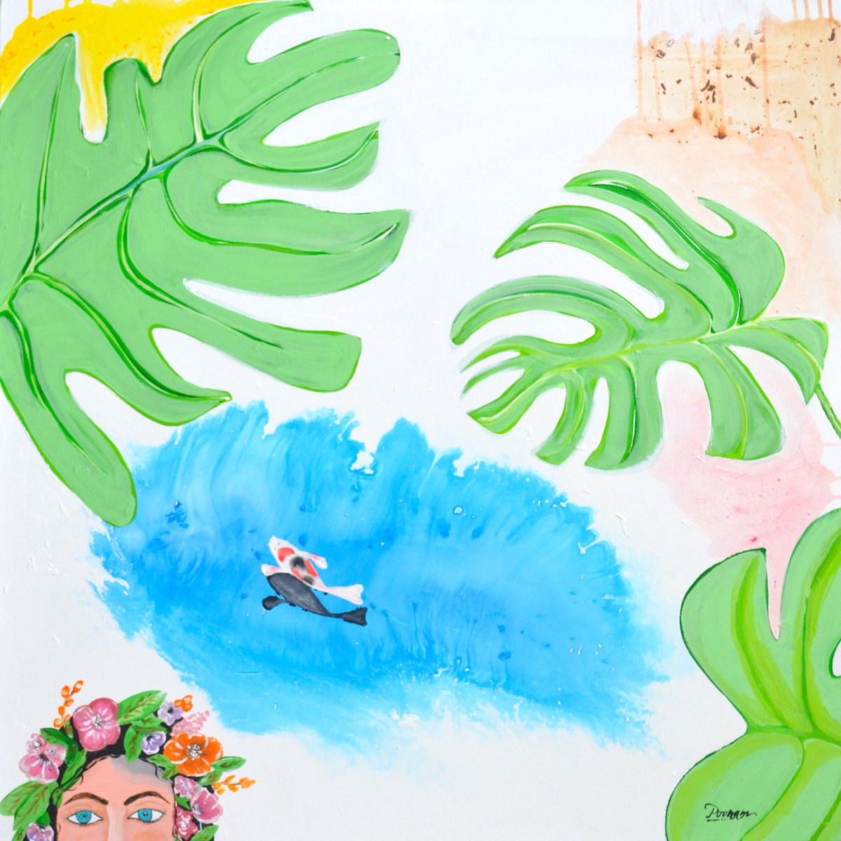 Expressive Landscape Acrylic Painting By Poovi Art, 36 X 36", Monstera With Fish, Original Artwork