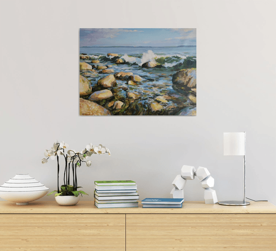 Warm stones, original one of a kind acrylic on canvas seascape