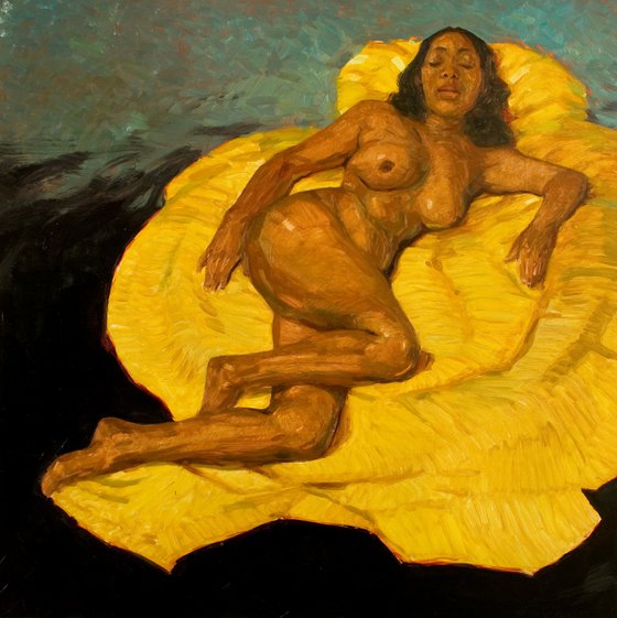 nude woman in yellow black green