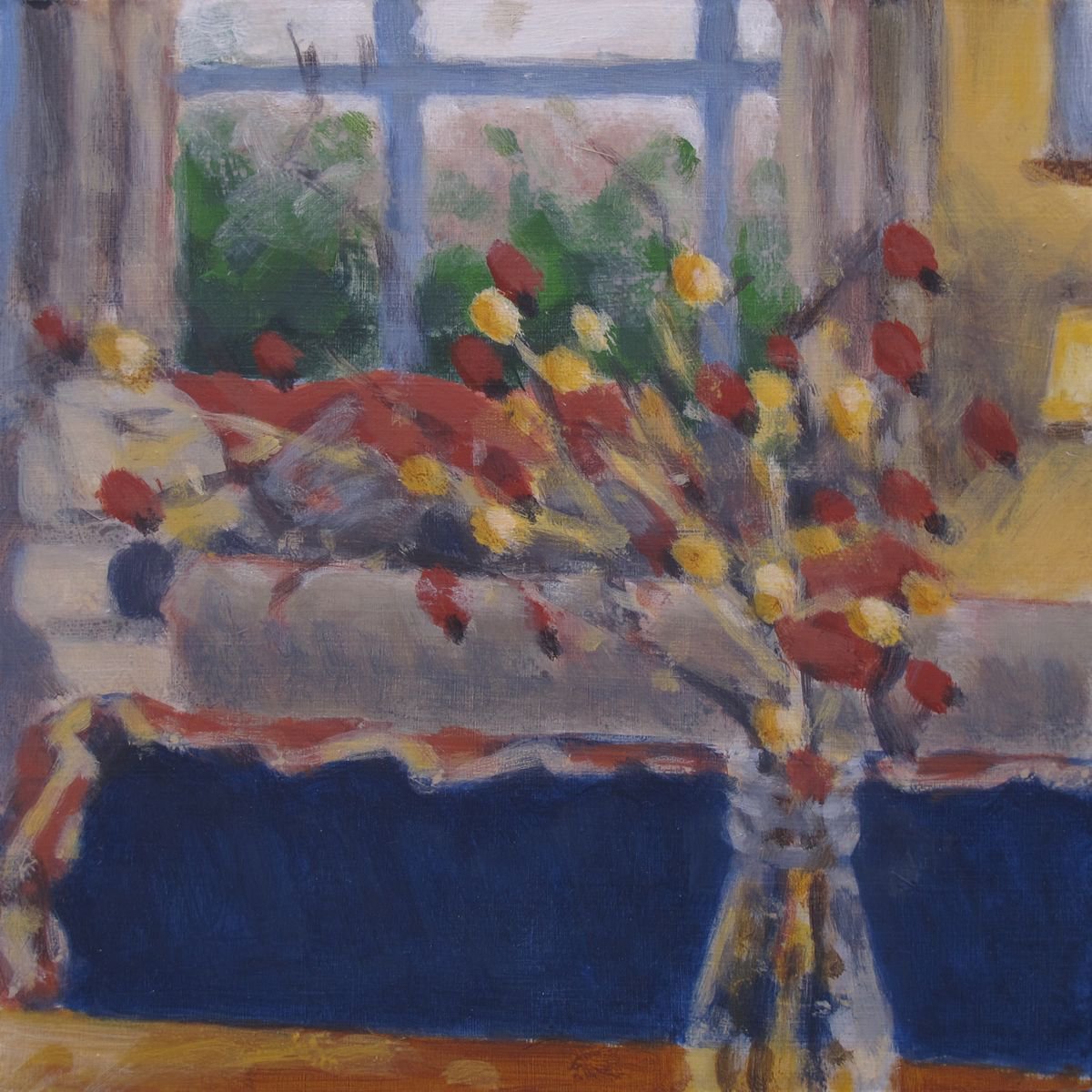 Impressionistic Still Life Acrylic Painting By Hugo Lines, 9 X 9, Rosehips In Bottle, Original Artwork