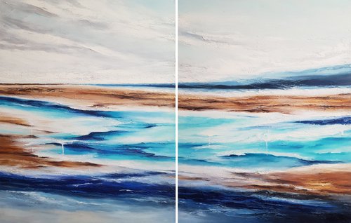 Blue Lagoon, 140 x 90 cm, Acrylic texture painting on canvas, set of 2, dyptich by Tatyana Kirikova