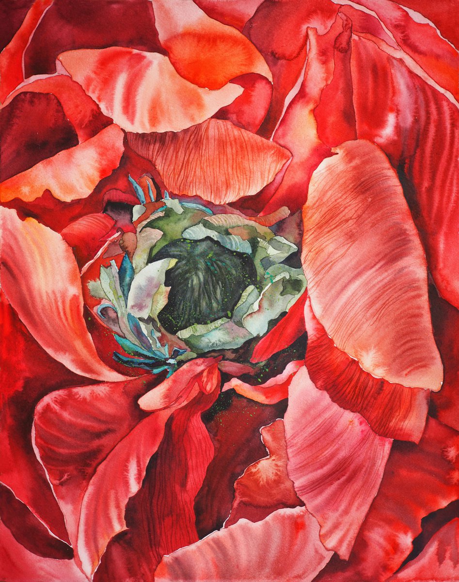 Impressionistic Botanical Watercolour By Delnara El, 16 X 20, Inside The Flower, Original Artwork