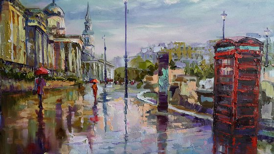 Streets of London - cityscape oil painting, raining city scene