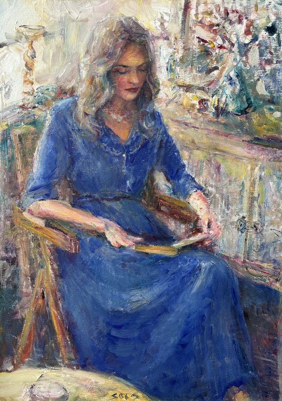 Woman in a blue dress