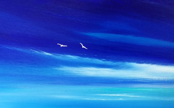 Fly Away With Me - Blue, Birds Flying, Panoramic, Cornwall, Scotland, Coast, Seascape