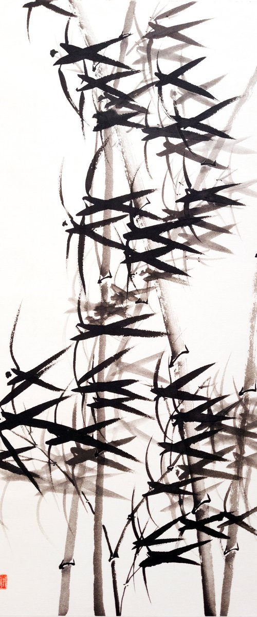 Bamboo in the wind - Bamboo series No. 2120 - Oriental Chinese Ink Painting by Ilana Shechter