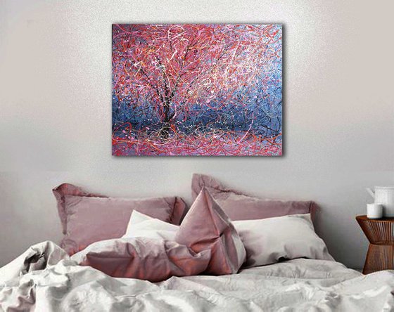 Cherry Blossom Spring cherry Pink tree Abstract sakura painting - READY TO HANG - 27" x 35" / 70 x 90cm. Japan Painting