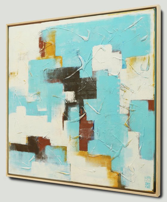 Abstract Painting - White and Turquoise Art - With frame 28J
