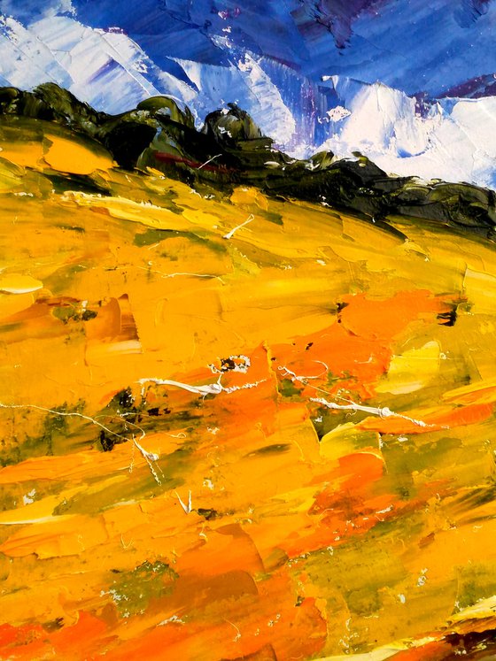 Ukraine Painting Landscape Original Art Sunflower Field Oil Impasto Palette Knife Small Home Wall Art 16 by 12" by Halyna Kirichenko