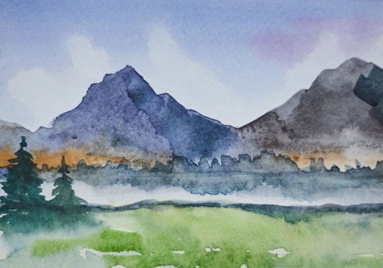 The silence of the mountains. Original watercolor painting, handmade.