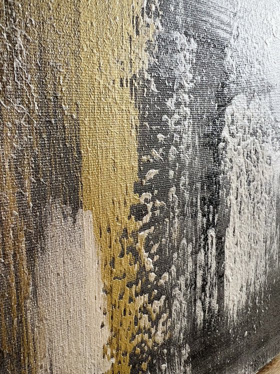 100x80cm Black and gold. Gray and gold abstract painting. Nacre.