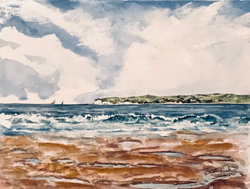 From Camber Sands across to Pett Levels. A Watercolour on canvas by Brian Tucker