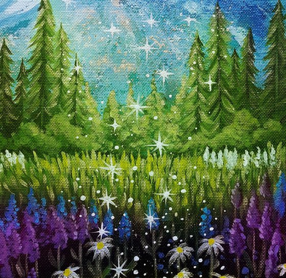 "Mysterious full moon", magic landscape painting with flowers, moonscape
