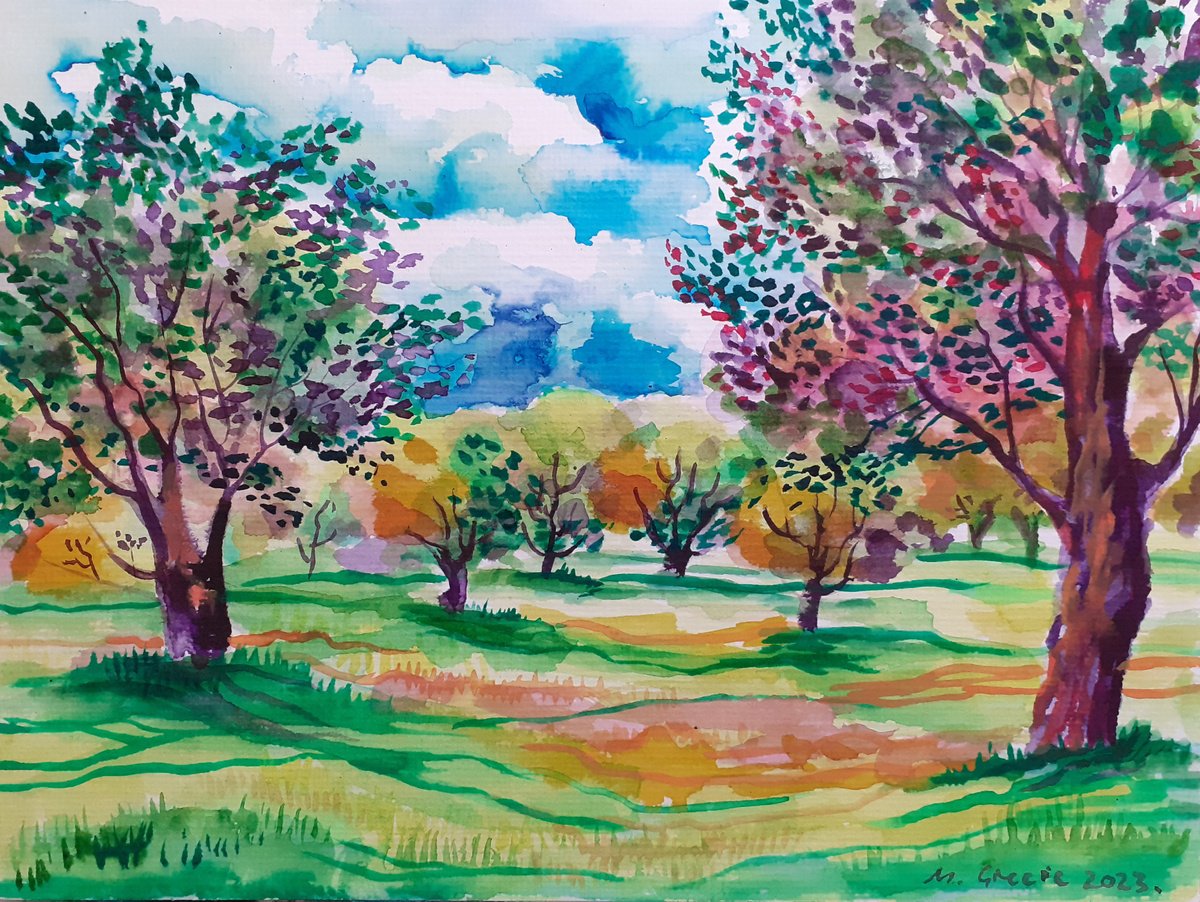 Impressionistic Landscape Watercolour By Maja Grecic, 13 X 9", Olive Grove With Turquois Clouds, Original Artwork