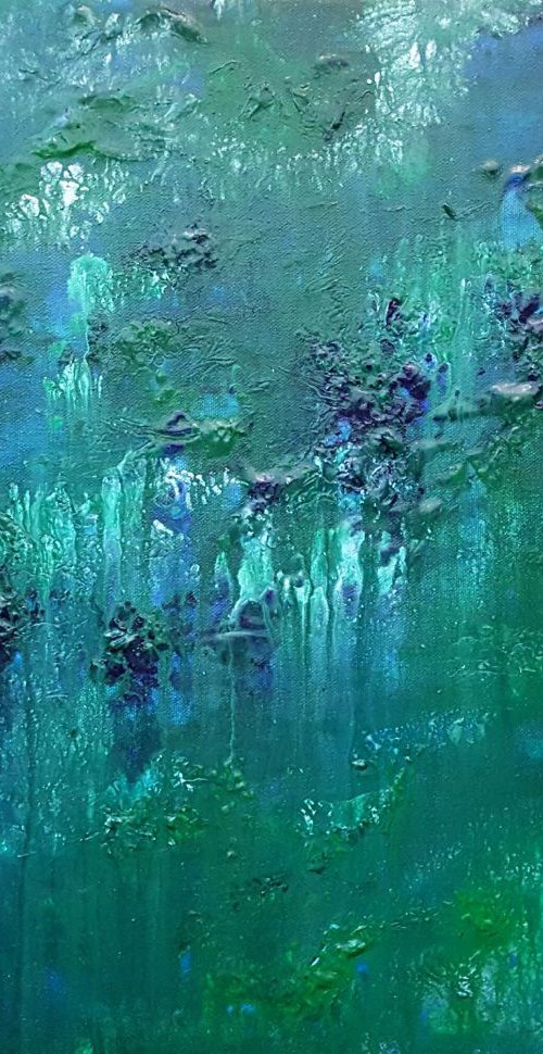 Green pastures - abstract landscape on stretched canvas, ready to hang, unique frothing technique, 50x40cm by Silvija Horvat